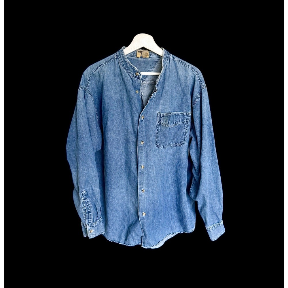 Vintage 90's Northwest Blue Pocket Denim Button Up Shirt XL Mandarin Collar Flaw